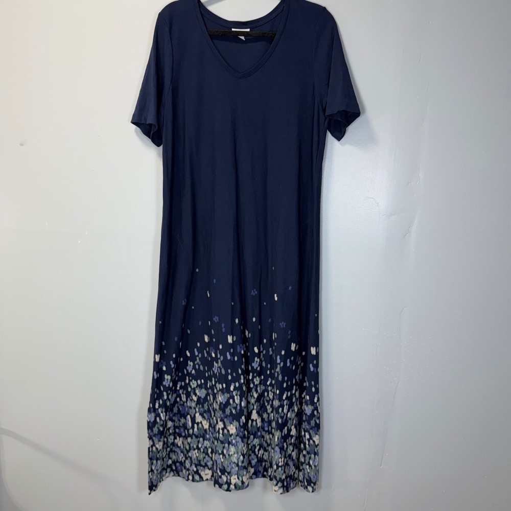 Pure Jill J. Jill Navy Blue Floral Hem V-Neck Maxi Dress Pockets Large‎ Petite